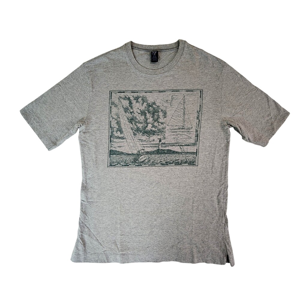 Lands End Shirt Mens Medium Gray Sailboat Lighthouse Graphic Made USA Nautical